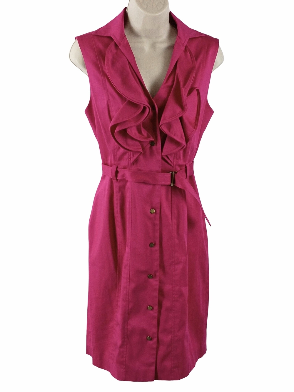 Calvin Klein Sleeveless Ruffle-Front Belted Midi Dress in Fuchsia